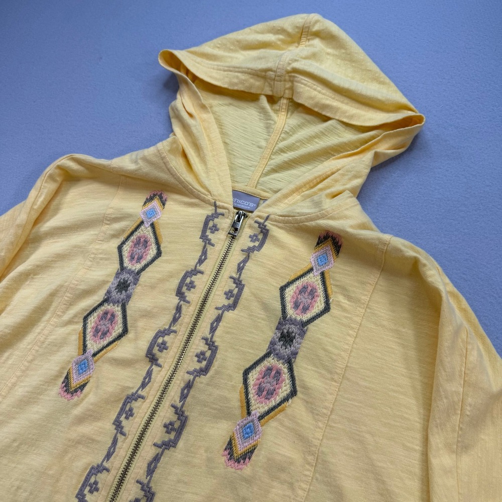 Chico's 2 Large Hoodie Women Yellow Embroidered Zenergy Zip Up Slub Cotton